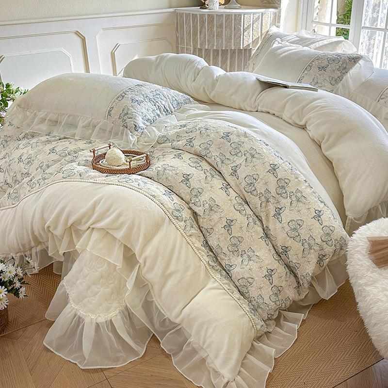 French Princess Wind Milk Fleece 4Pcs Set Winter Thickened Coral Fleece Cut Flower Bed Cover Quilt Cover 4