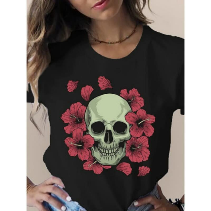 New Women's Casual Round Neck Short Sleeved 3D Printed Skull Flower Women's T-shirt