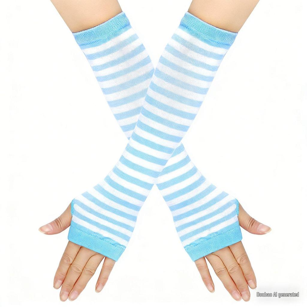 32CM Dark Striped Knitted Fingerless Long Gloves - Autumn/Winter Style