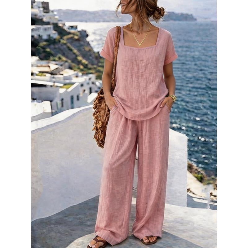 QICED Women's Fashion Casual Short Sleeve Square Collar Pants Suits