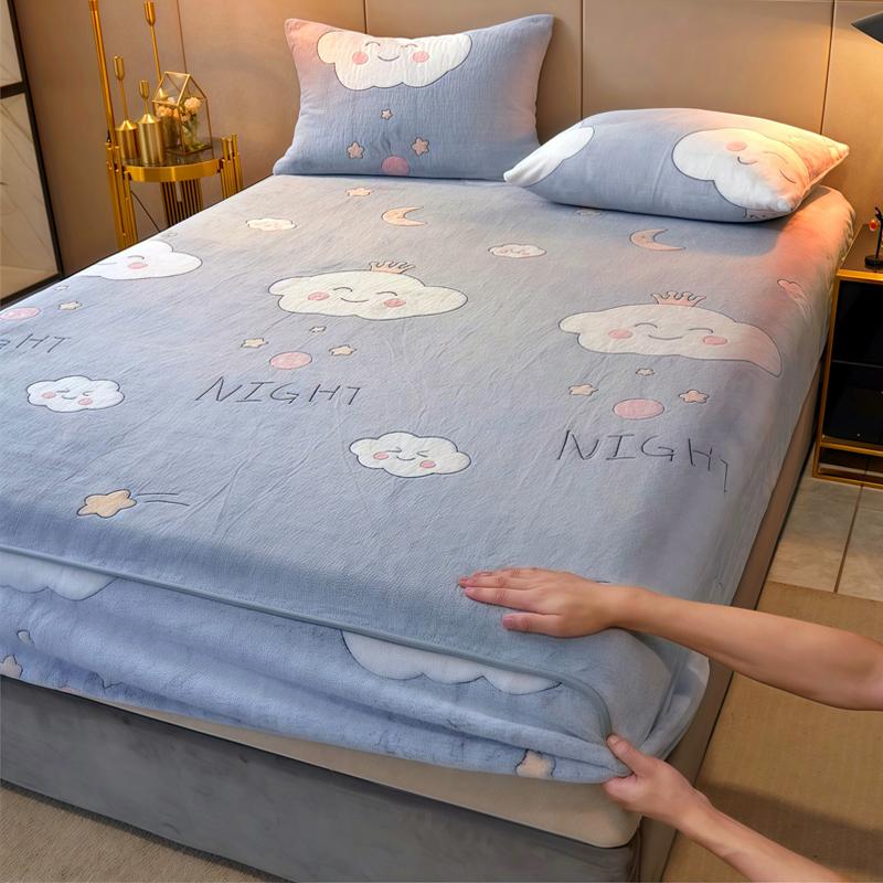 WOSTAR Luxury double bed fitted sheet elastic mattress protector cover couple winter warm fluffy coral fleece bedspread 150x200