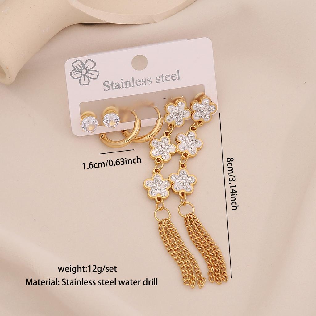 3 Pairs Flower Tassel Stud Earrings, Satisfy Drop Moon Stainless Steel Earrings, Versatile Ear Jewelry