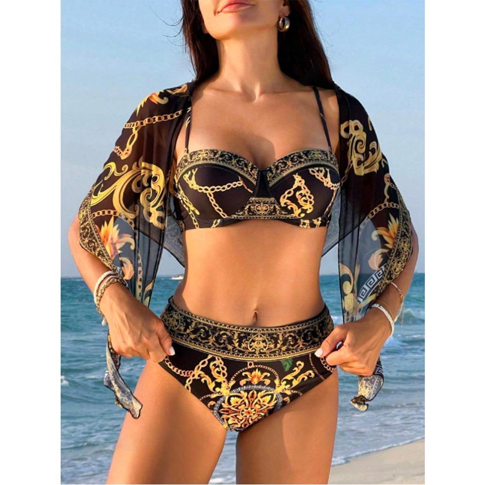 Europees en Amerikaans Nieuw Eendelig Badpak Sexy Rug Gedrukt Drie Delig Bikini Pak voor Vrouwen