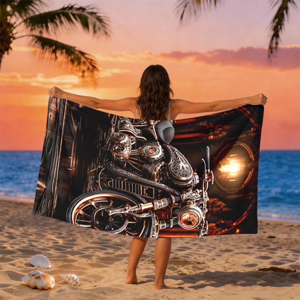 Steam-punk style cruising motorcycle polyester microfiber beach towel is highly absorbent, suitable swimming and beach outings