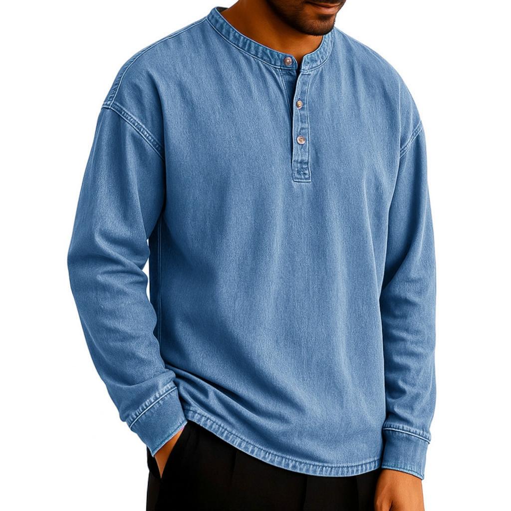 Men's Solid-color Casual Washable Retro Round-neck Slim Long-sleeved Top