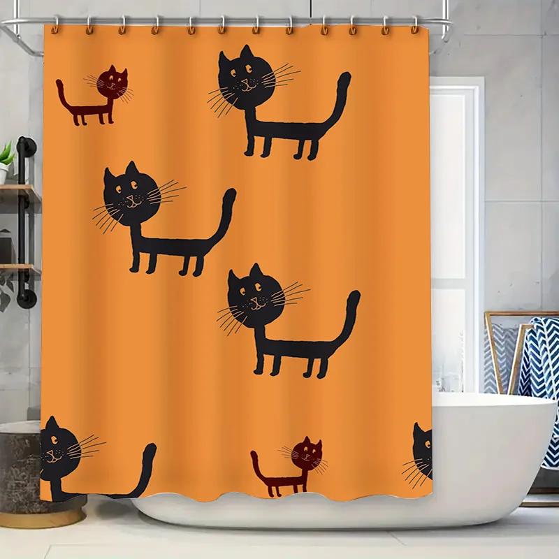 Whimsical Bathroom Shower Curtain Set Decorative with Cats Pattern Orange Fabric Waterproof for Home Decoration