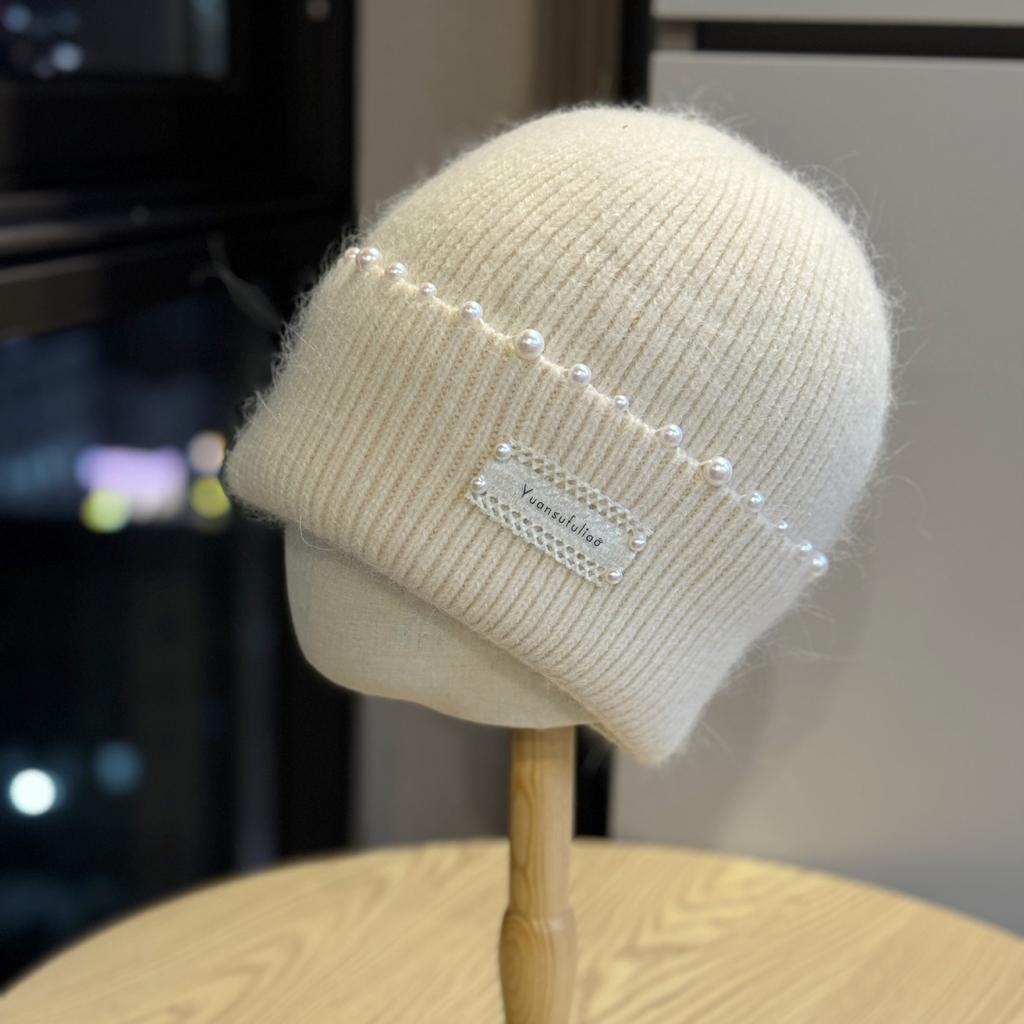 Korean Style Hat Knitted Hat for Women New Mountaineering American Style Baotou Cold Winter Hat Warm Pearl Woolen Hat