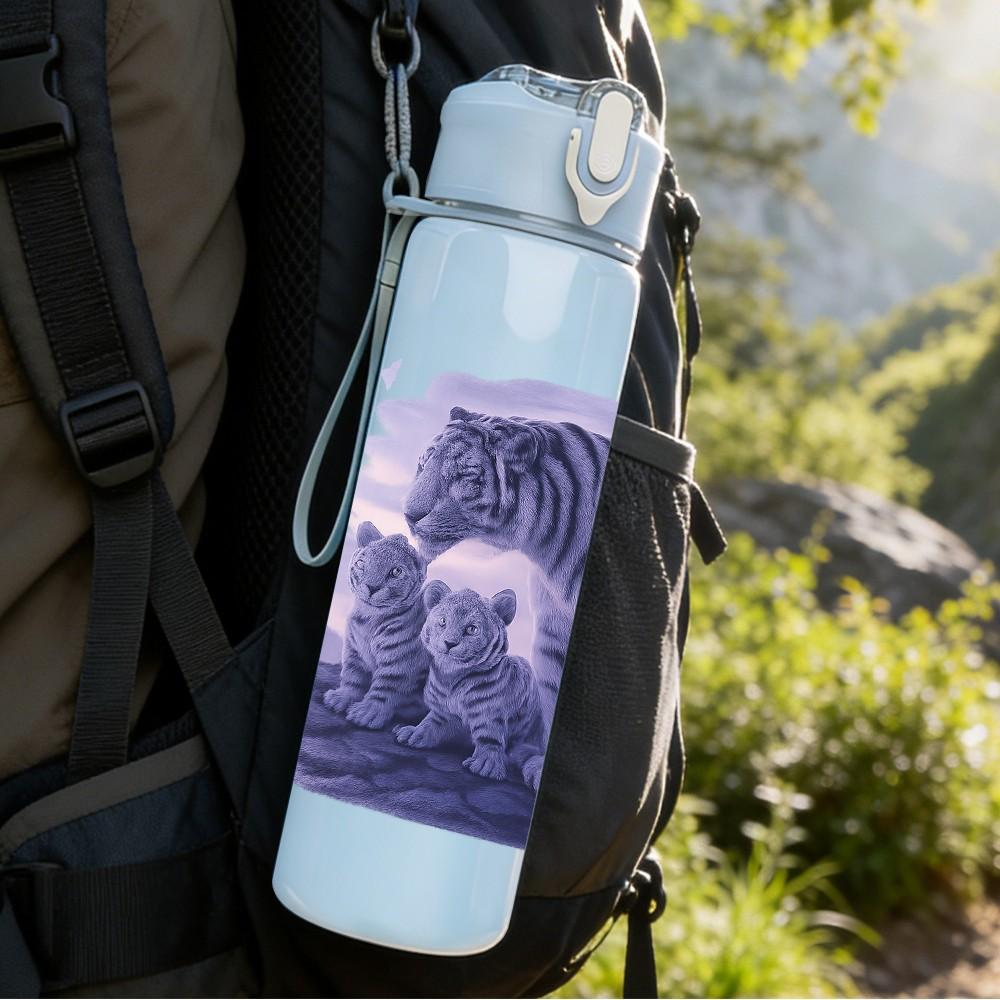 1PC Blue Tiger Dark Pattern Art 750ml Color Plastic Sports Water Bottle Leakproof Flip Straw Lid Suitable for Sports Office Home Use