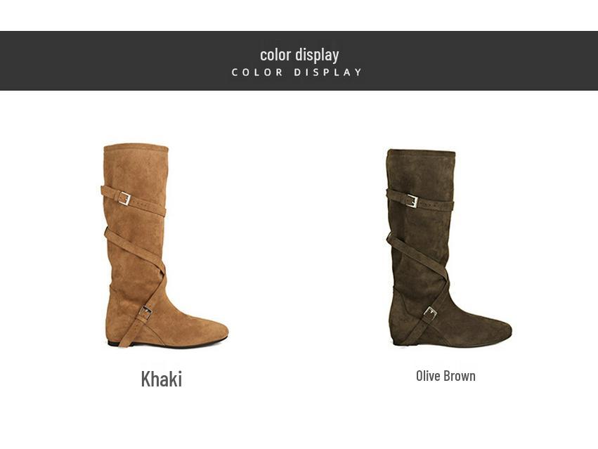 Women's 6CM Inner Height Retro Western Knee-High Cowboy Boots with Round Toe, Buckle Strap, and Soft Ruched Design.