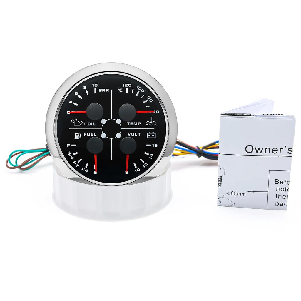 85mm 4 In 1 Gauge Oil Press Gauge Water Temp Meter Fuel Level Gauge Voltmeter With Alarm For Marine Boat Car Waterproof 12V 24V