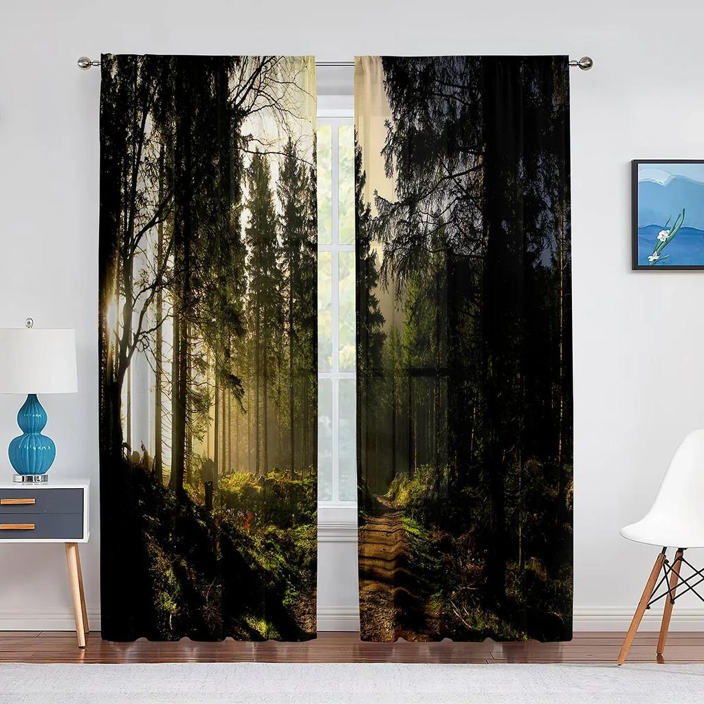 3D Woodland Forest Foliage Sunbeams Nature View Curtains for Living Room Bedroom Kitchen Decor Sheer Curtains Window 2pcs Cortin