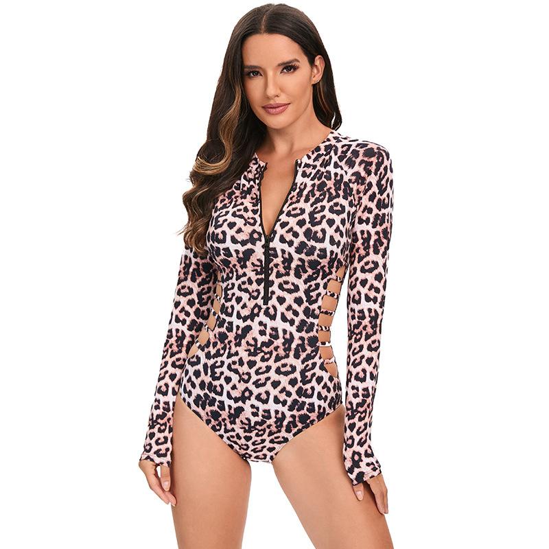 New leopard print long-sleeved swimsuit, European-style sexy cut-out one-piece surfing suit, figure-hugging girlie swimsuit