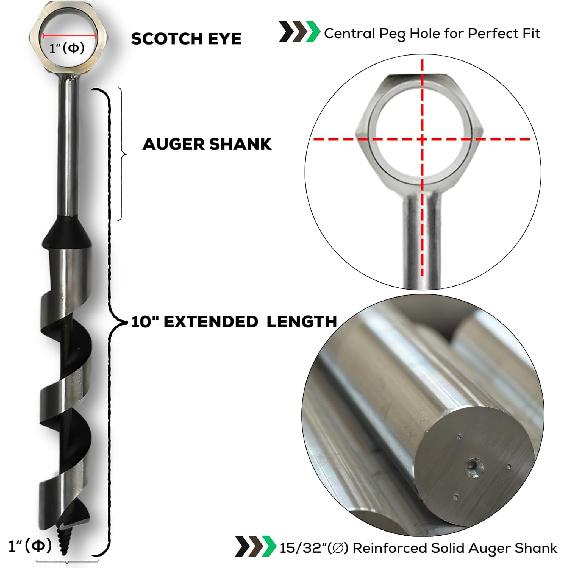 Hand Auger Wood Drill, Upgrade Welds Bushcraft Auger w/ Sharp Scottish Eye, Survival Tools for Bushcraft Projects/ Camping/Outdoors, 1*10inch