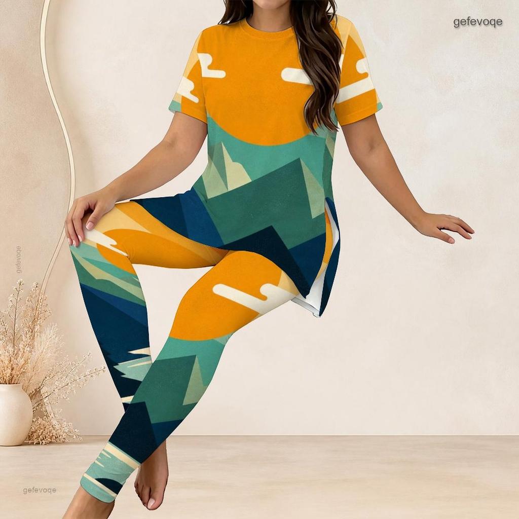 Women Plus Size Round Neck Short Sleeve Gradient Printed Longline Top Fitted Pants Two Piece Set