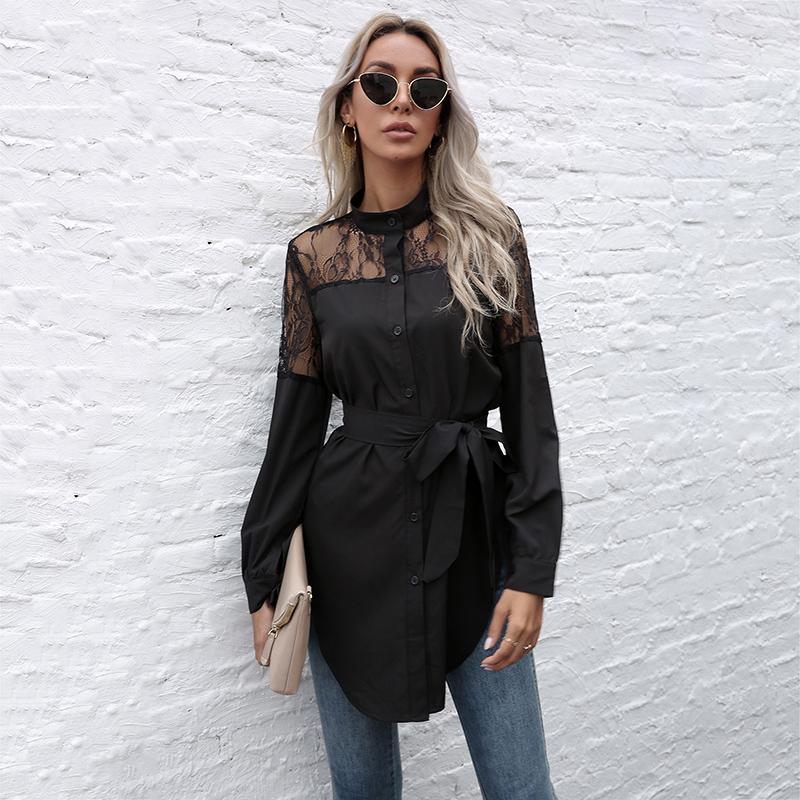 YYFS Dámská móda Ležérní jednobarevné blůzy a košile s krajkovým dlouhým rukávem a výstřihem do O