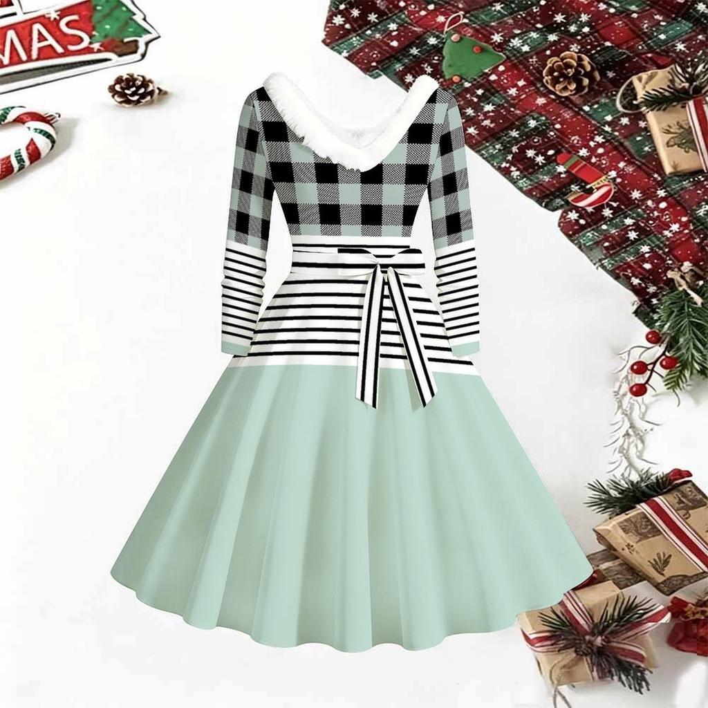 Women Christmas Print Midi Dress, Long Sleeve V‑Neck Furry Trim A‑Line Party Dress, Christmas Limited Edition