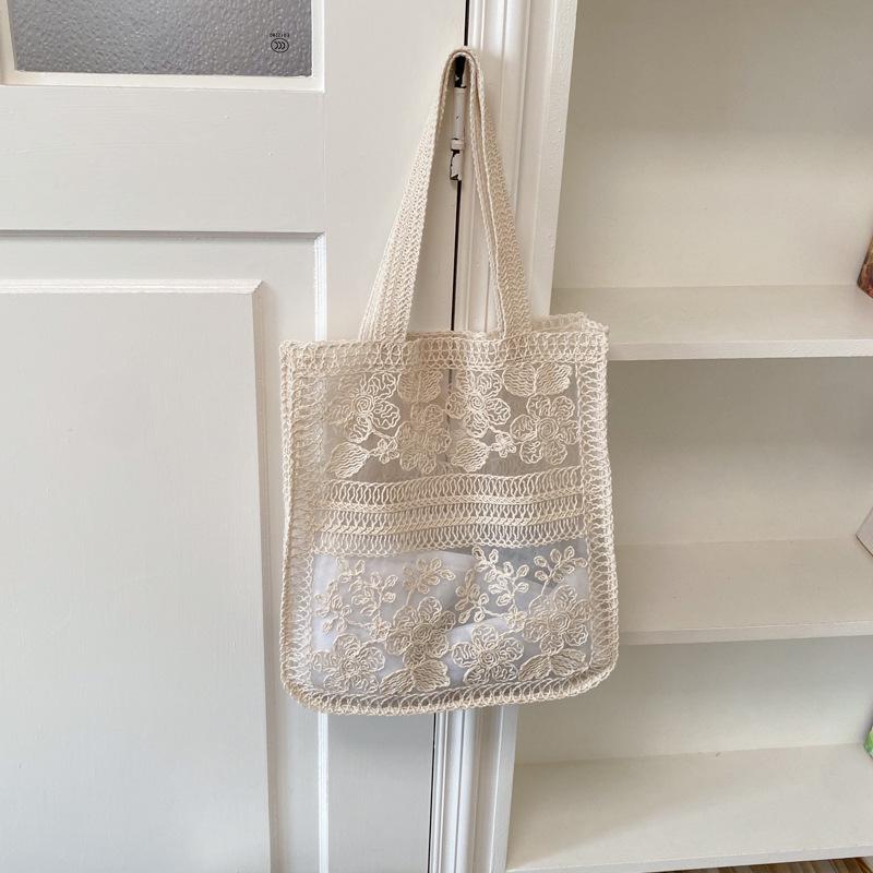 2026 Spring/Summer Lace Flower Mesh Tote: Women's Large-Capacity Artistic Beach Shoulder Bag