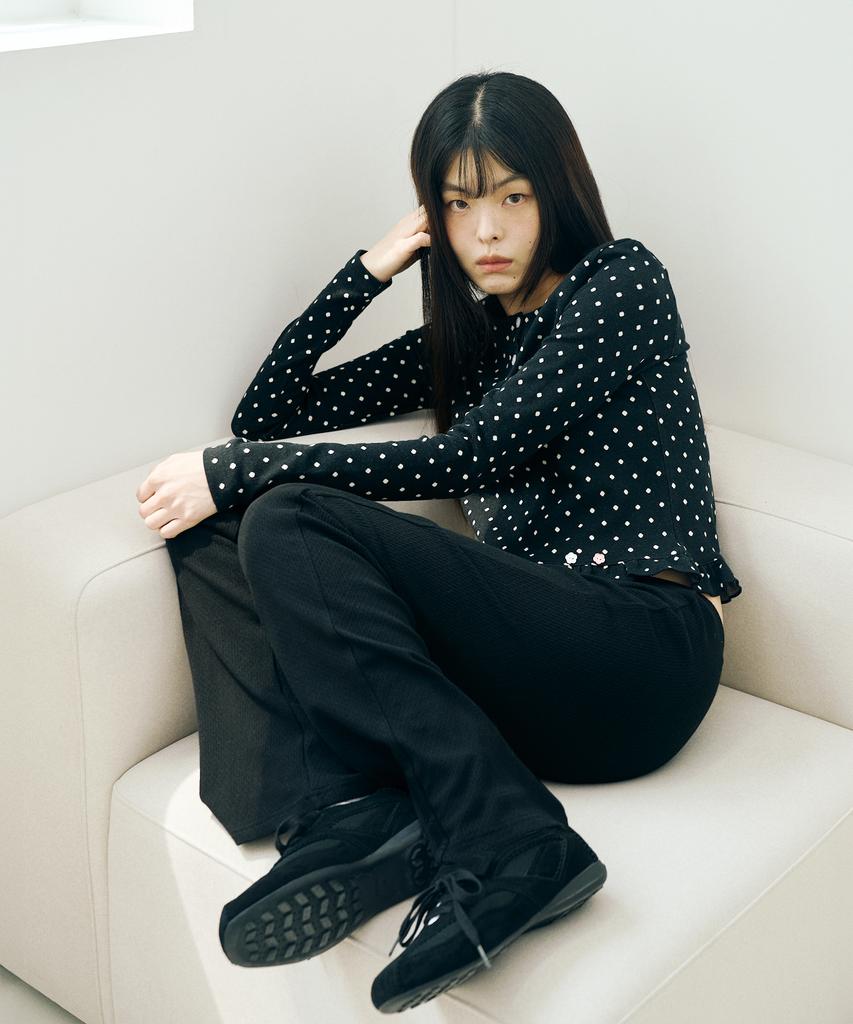 Mihebeu Polka Dot Frill Long Sleeve Black