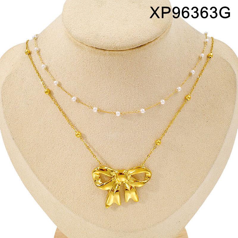 Elegant Gold Plated Double Layer Bow Pendant Necklace for Women - Titanium Steel Clavicle Chain, European American Style