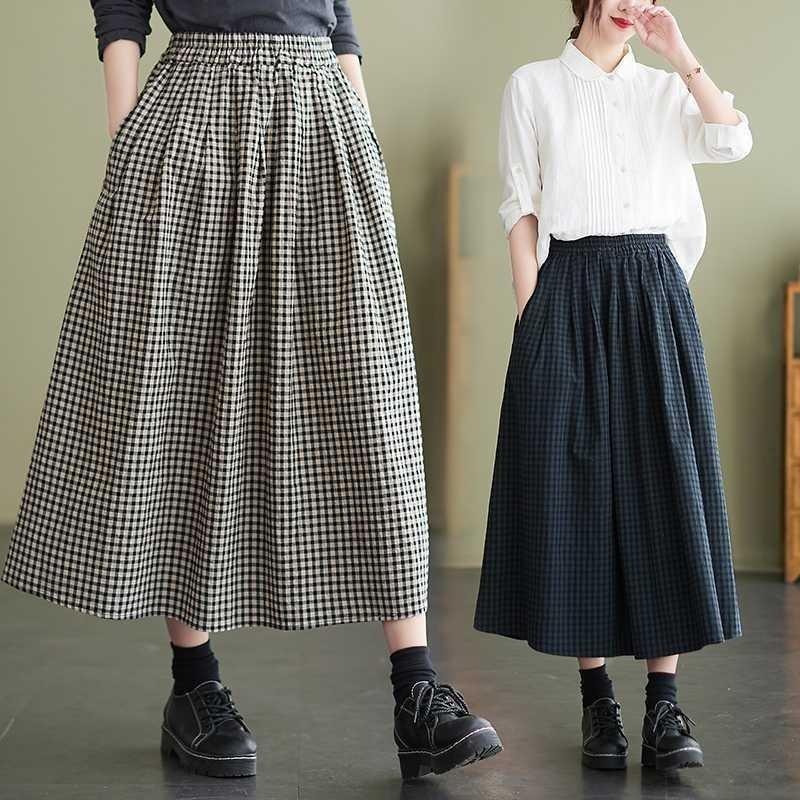 The Real Shot of The New Literary and Artistic Women's Clothing Cotton and Linen  Pendulum High Waist and Thin A Word Medium and Long Skirt