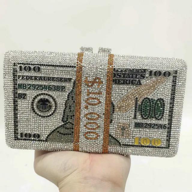 

Boutique De FGG Hand-Made Stack of Cash Round Women Crystal Evening Money Clutch Bags Diamond Minaudiere Party Handbags Purse Small Size