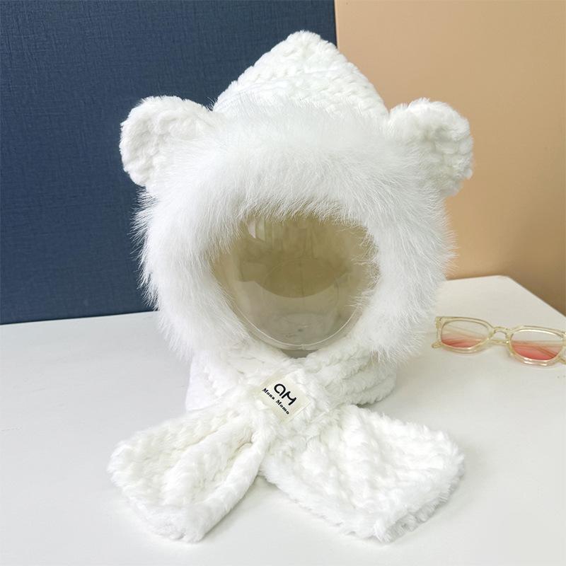 Cute bear hat scarf integrated women's winter new thickened warm ear protection cold cycling plush hat