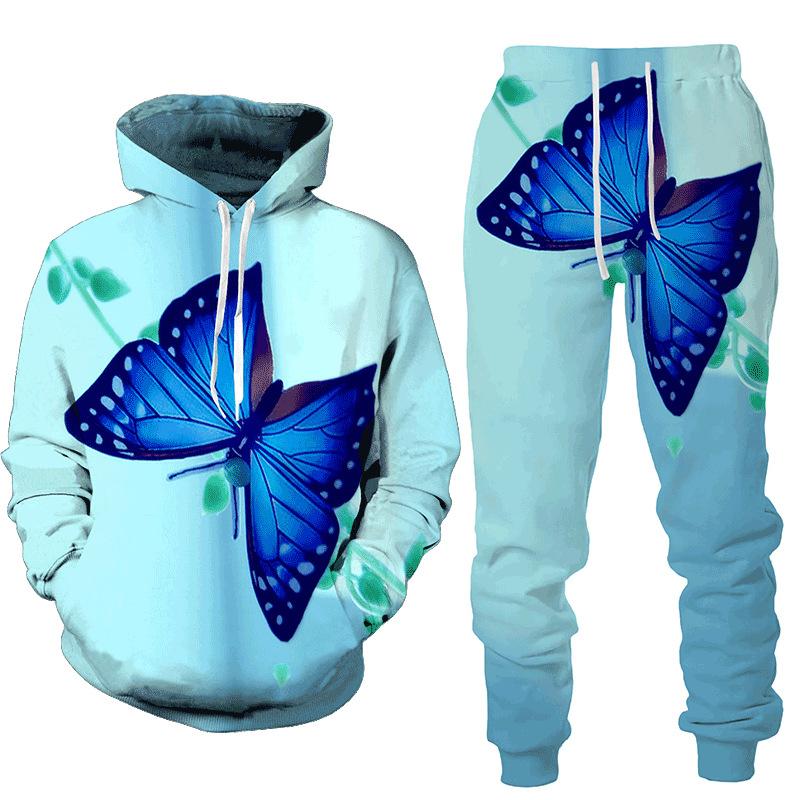 3D Butterfly Printed Men's 2-piece Outfits Casual Men Women Hooded Sweatshirt Suit Autumn Oversized Fashion Tracksuit Pants Sets