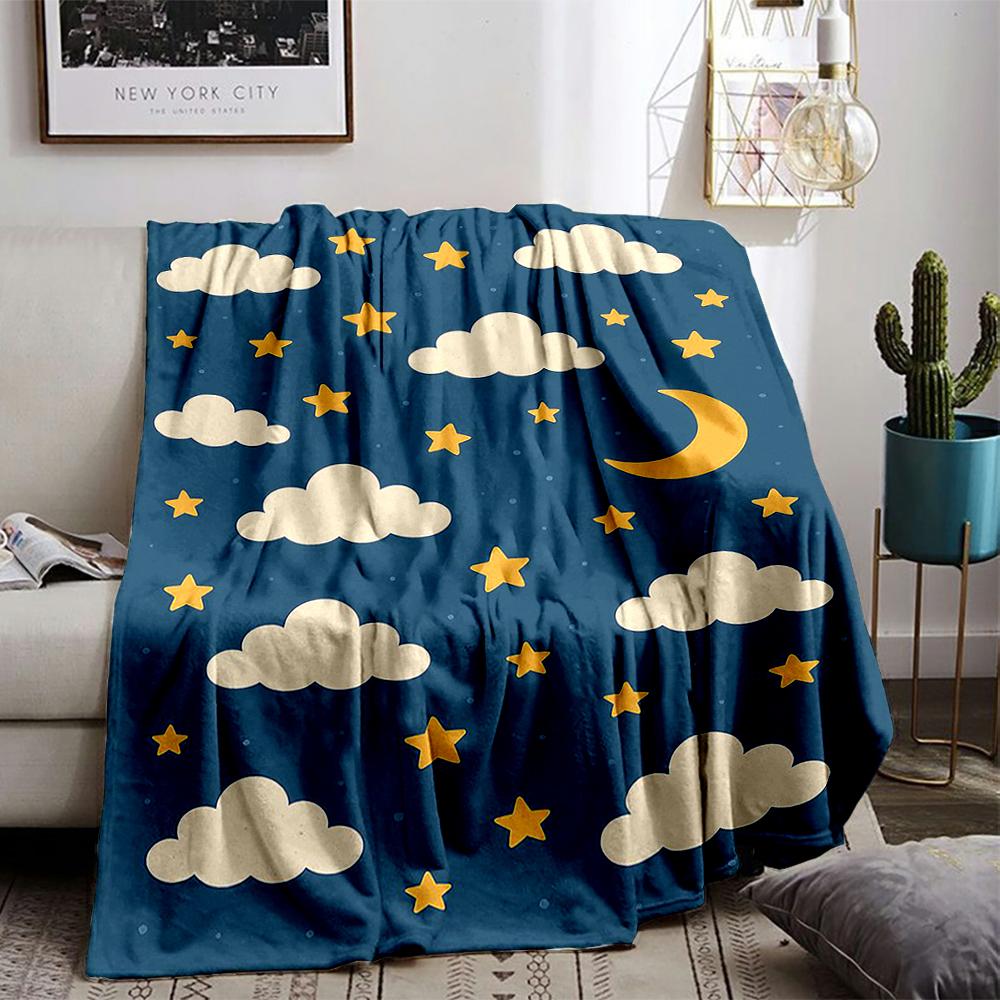 Clouds and Stars Pattern with Moon Flannel Blanket for Bedroom, Living Room, Sofa, and Nap