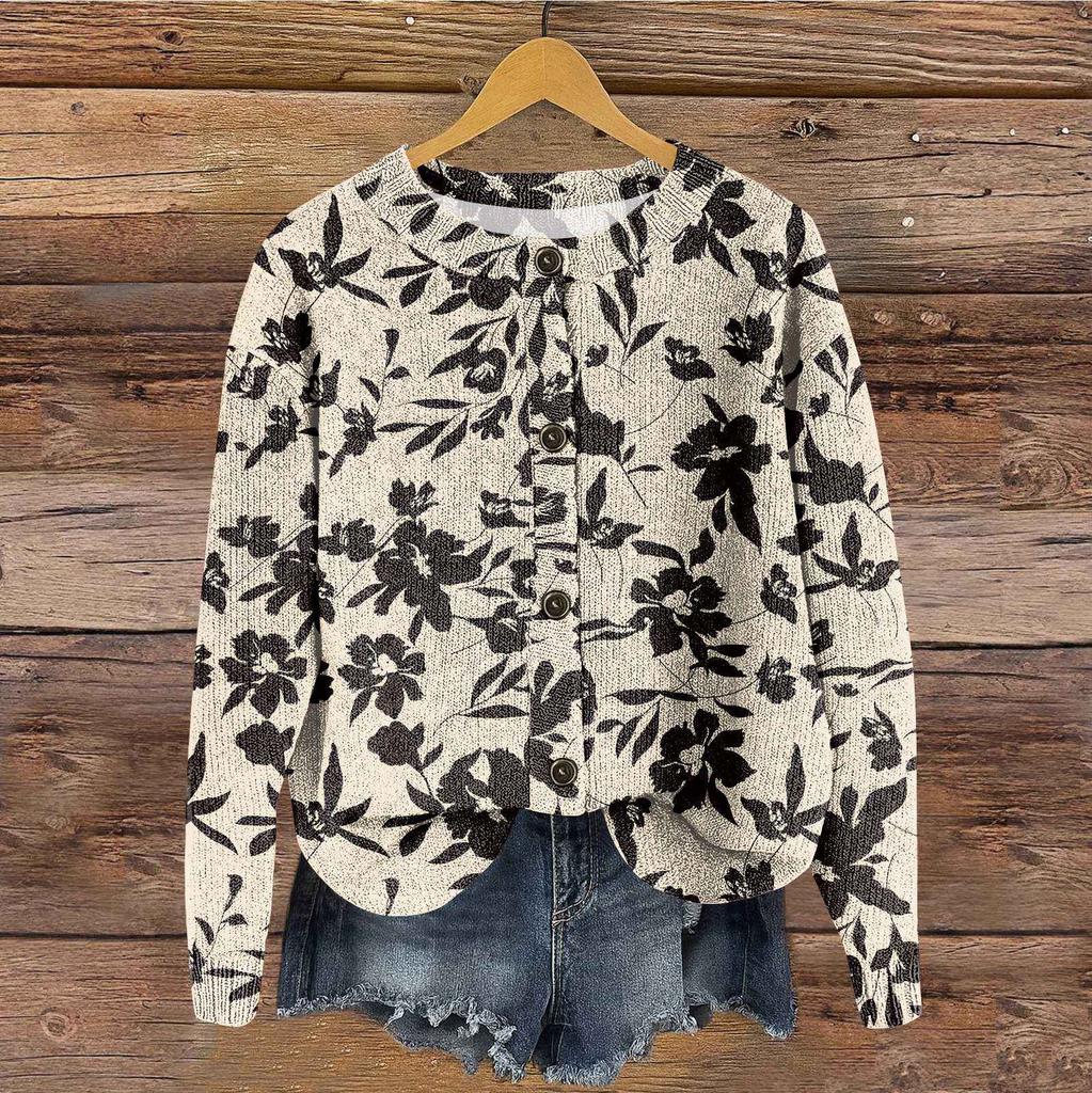Women's Vintage Knit Button Vintage Floral Stripe Print Cardigan Jacket