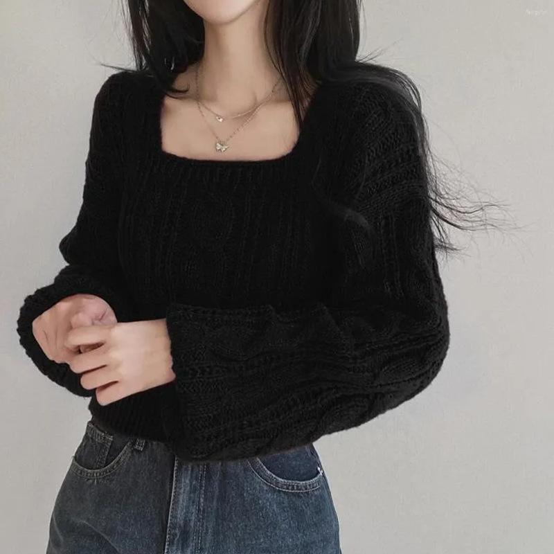 TIFICY Women's Fashion Casual Fall Winter Solid Color Print Long Sleeve Square Collar Sweaters