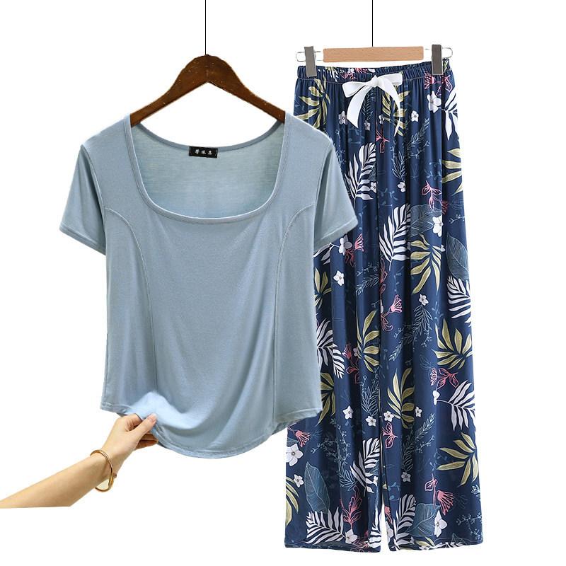 Fashion U Nek Tshirt and Floral Wide leg pants Summer fashion homewear 2pcs suit Loose Casual pajamas set comfort loungewear plus size