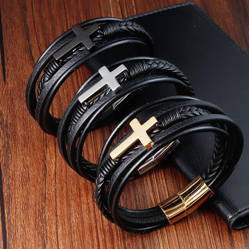 Cross Style Multi Layer Design Stainless Steel Fashion Men's Leather Bracelet Classic Gift For Men 2 Different Styles Choose