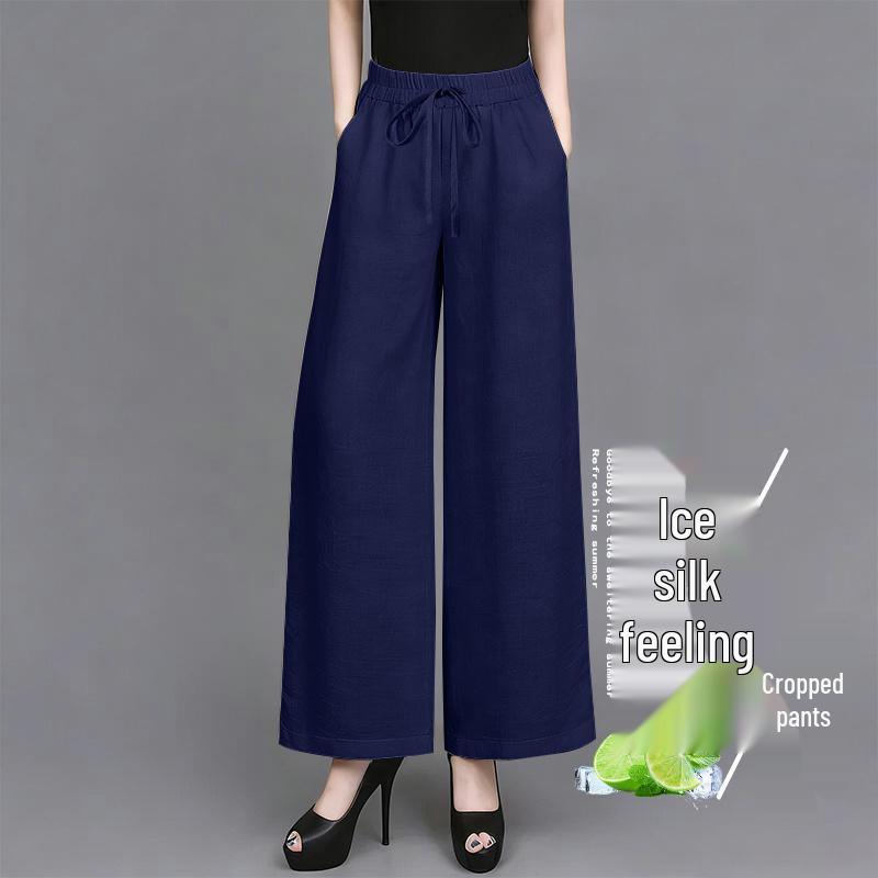 

Women s High Waist Ice Silk Wide Leg Cropped Pants - Plus Size, Casual Drawstring Design M (80-100 jin)