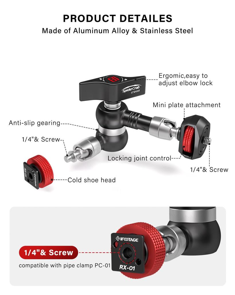 IFOOTAGE Adjustable Friction Magic Arm for DSLR Camera LED and Microphone 5.5-inch (14cm) Rig, LCD/DV Monitor, Light, Flashlight, - LT2-3.5