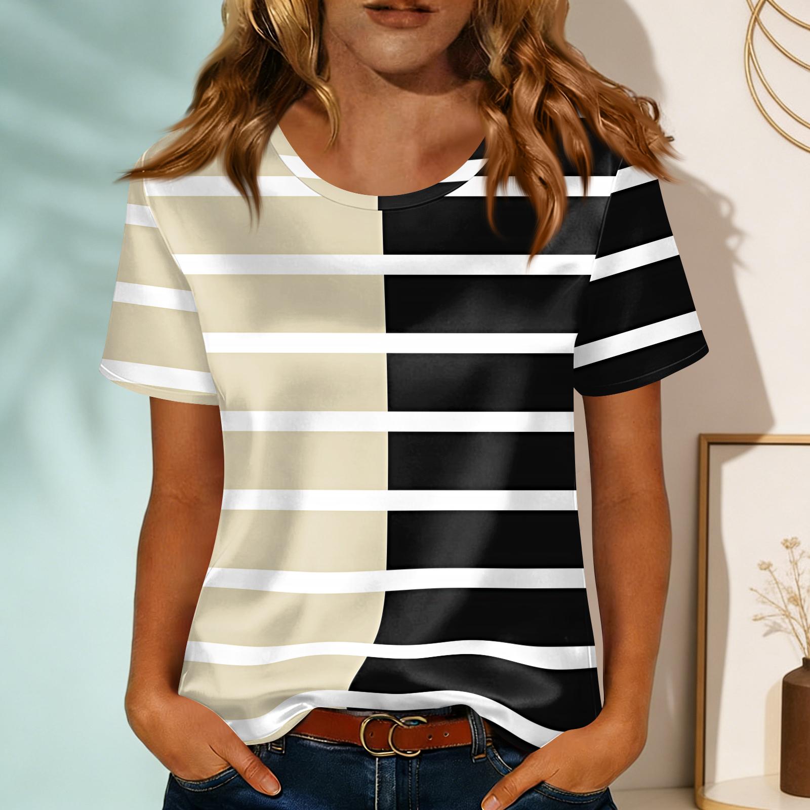 

Женская модная повседневная футболка с круглым вырезом, принтом и короткими рукавами L бежевый