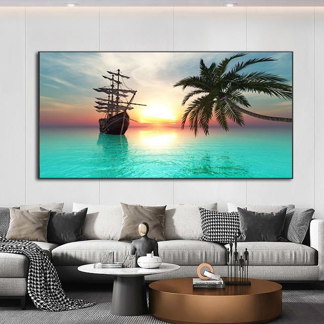 Landscape Pirates Ship Tropical Island Palm Tree Canvas Painting Posters and Prints Wall Art Pictures Living Room Decor No Frame