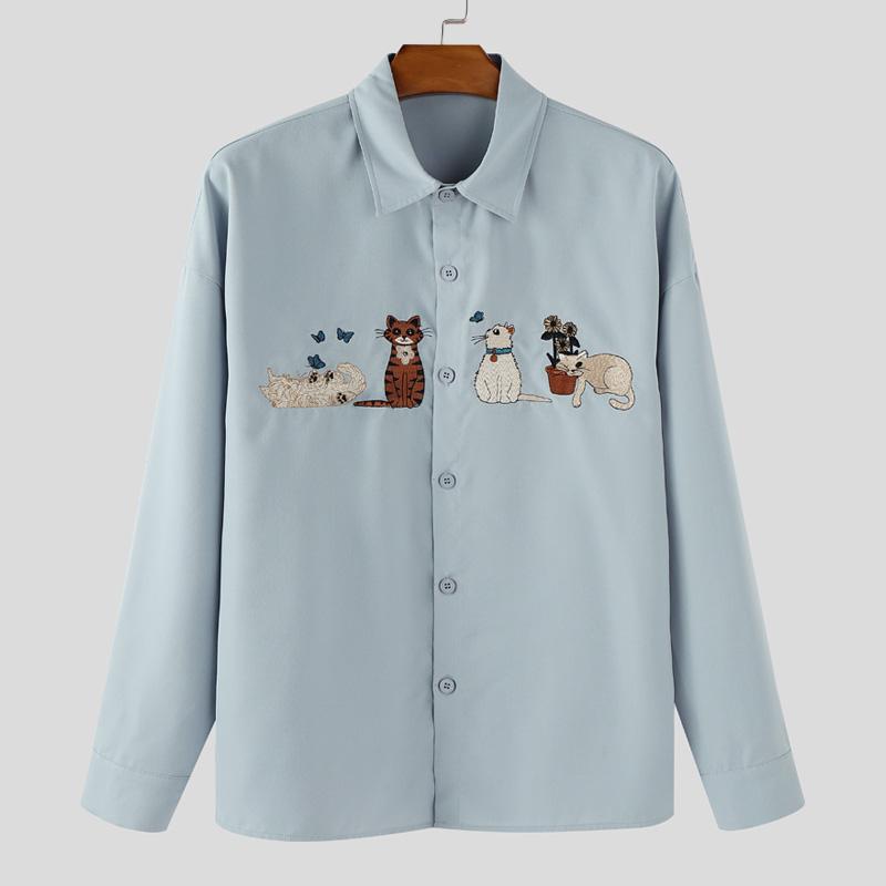 

INCERUN Oversized Men Lapel Neck Long Sleeve Embroidery Casual Shirts Tops 2XL синий