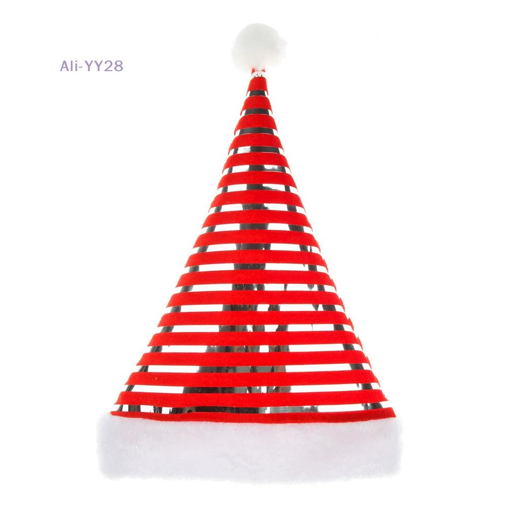 {HMA74} Green Red Stripe Velvet Christmas Hat Shiny Santa Hat Festive Party Cap for Adults Kids Festive Headwear Xmas Costume