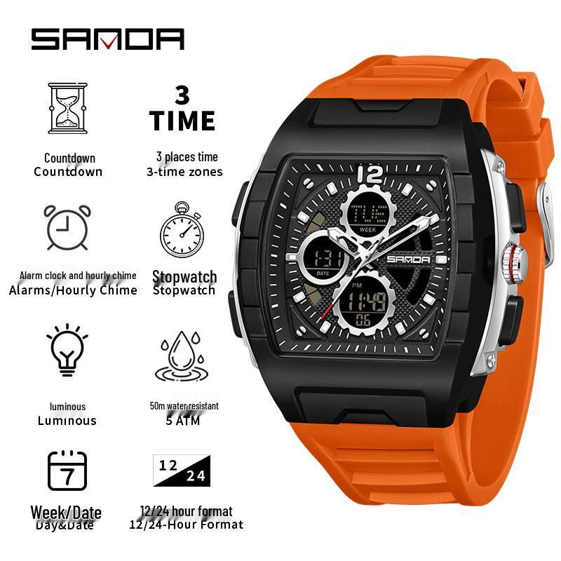 Sanda Men's Sports Barrel-Shaped Luminous Countdown Watch with Triple Time Zone and Dual Display, Waterproof Design.