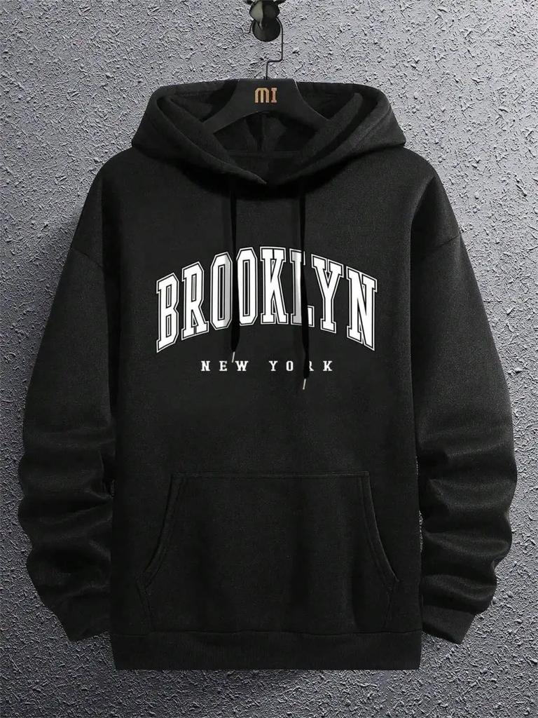 Brooklyn New York Impression Homme Sweat à capuche Col rond Tout assorti Ample Confortable Sweat-shirt Mode Polaire Basique Hoodie Vêtements d'automne