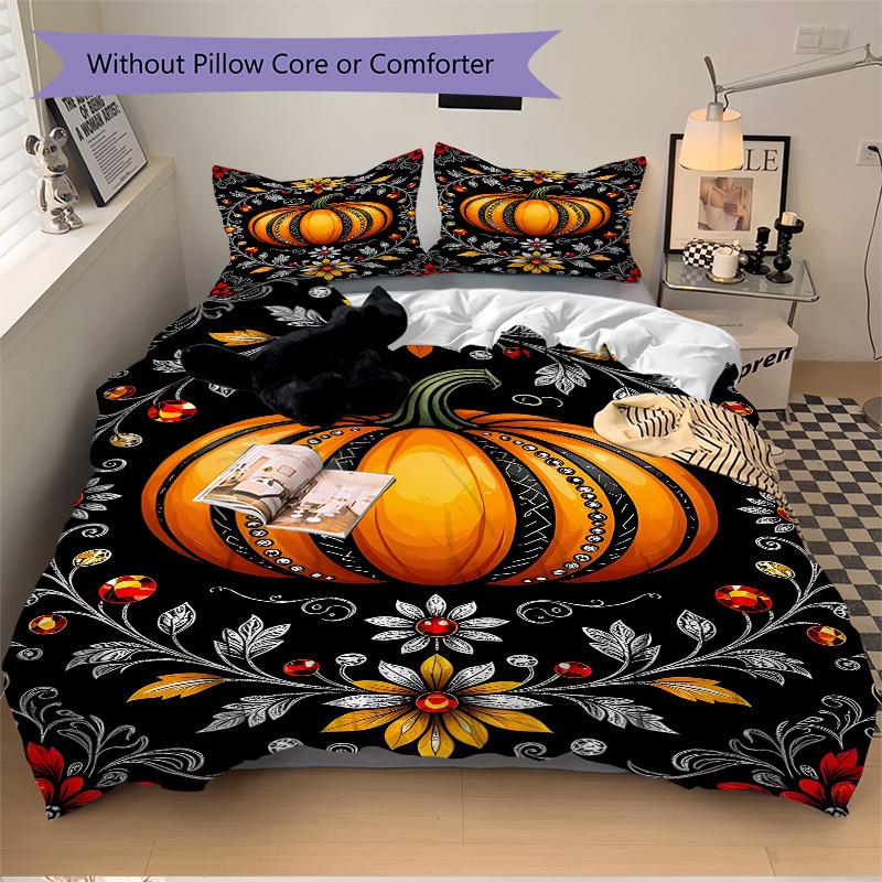 3pc Pumpkin Floral Cover Set - 1 Quilt Cover + 2 Pillowcases, All Seasons Bedroom Setting, Perfect for Home033