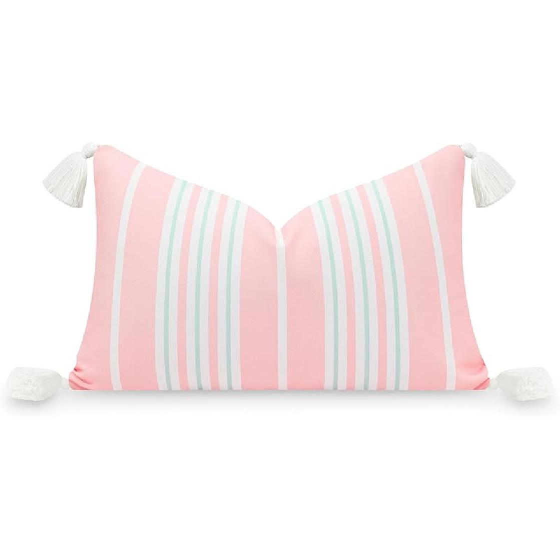Hofdeco Premium Coastal Patio Indoor Outdoor Lumbar Pillow Cover Only, 12 x20  Water Repellent for Backyard, Couch, Baby Blue Blush Pink Embroidered Muted Aqua Blush Pink Str