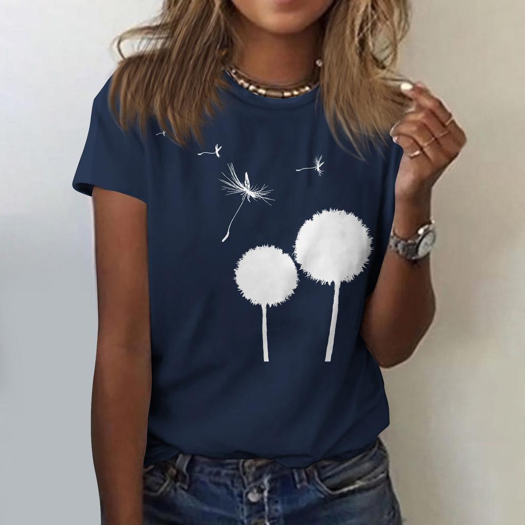 Women's Cute Printed Short Sleeve Round Neck Front Shoulder Vintage Short Sleeve Summer Loose Shirt Top