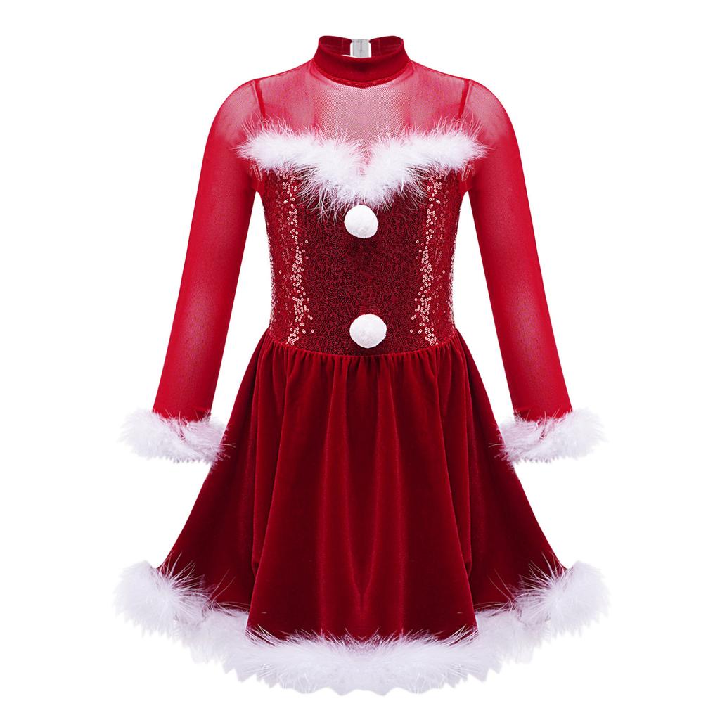 Kinder Mädchen Weihnachtskostüm Weihnachten Neujahr Bühne Dancewear Pailletten Santa Party Cosplay Kleid Samt Schlüsselloch Rückentanz Kostüm