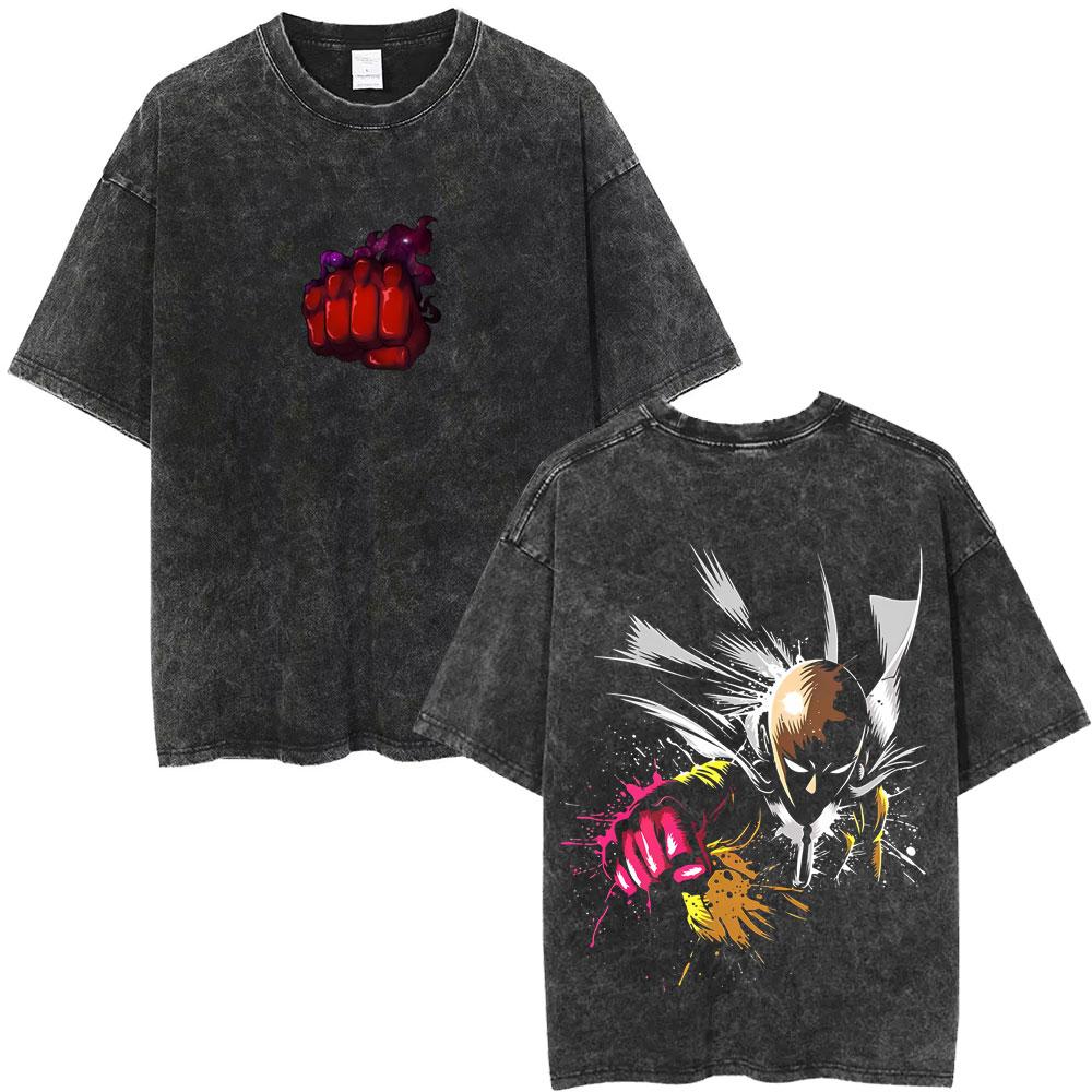 Gewaschenes Vintage Anime One Punch Man Saitama Saitamas Fitnessstudio Lustiges Meme Grafik T-Shirt Herren Damen Fitness Freizeit Übergroße T-Shirts