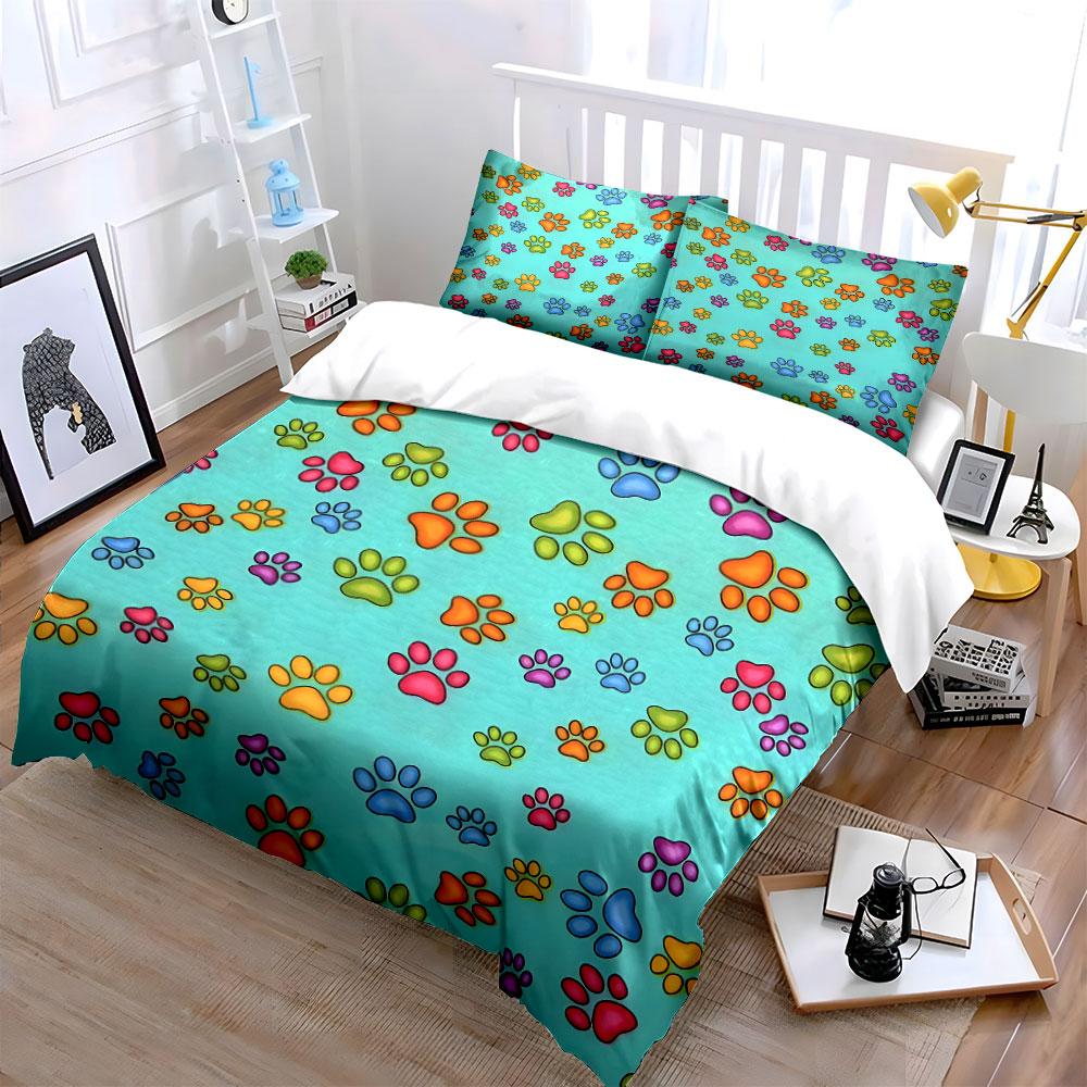 Colorful Paw Print Gift Set Soft Comfortable Duvet Cover Bedding Set Included 1*Duvet Cover & 2*Pillowcases, Gift