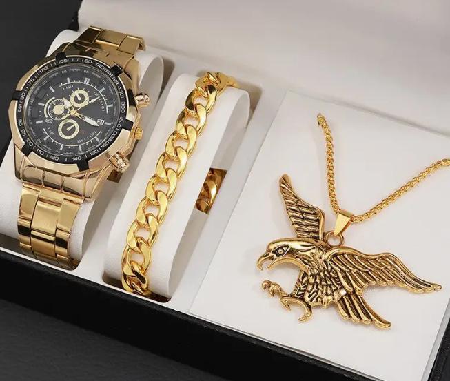 Men's 3-Piece Business Gift Set: Watch, Bracelet, and Necklace for Holidays or Birthdays