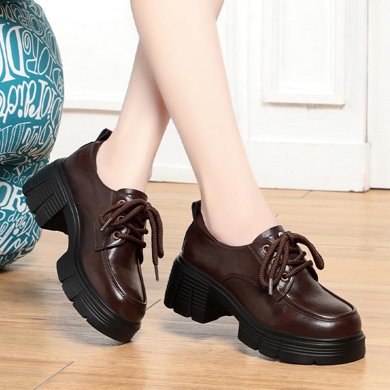 Thick-Soled Loafers For Women In Spring And Autumn New Lace-Up Thick Heel Deep Mouth Women s Singles College Style Leather Shoes 35 4370₽