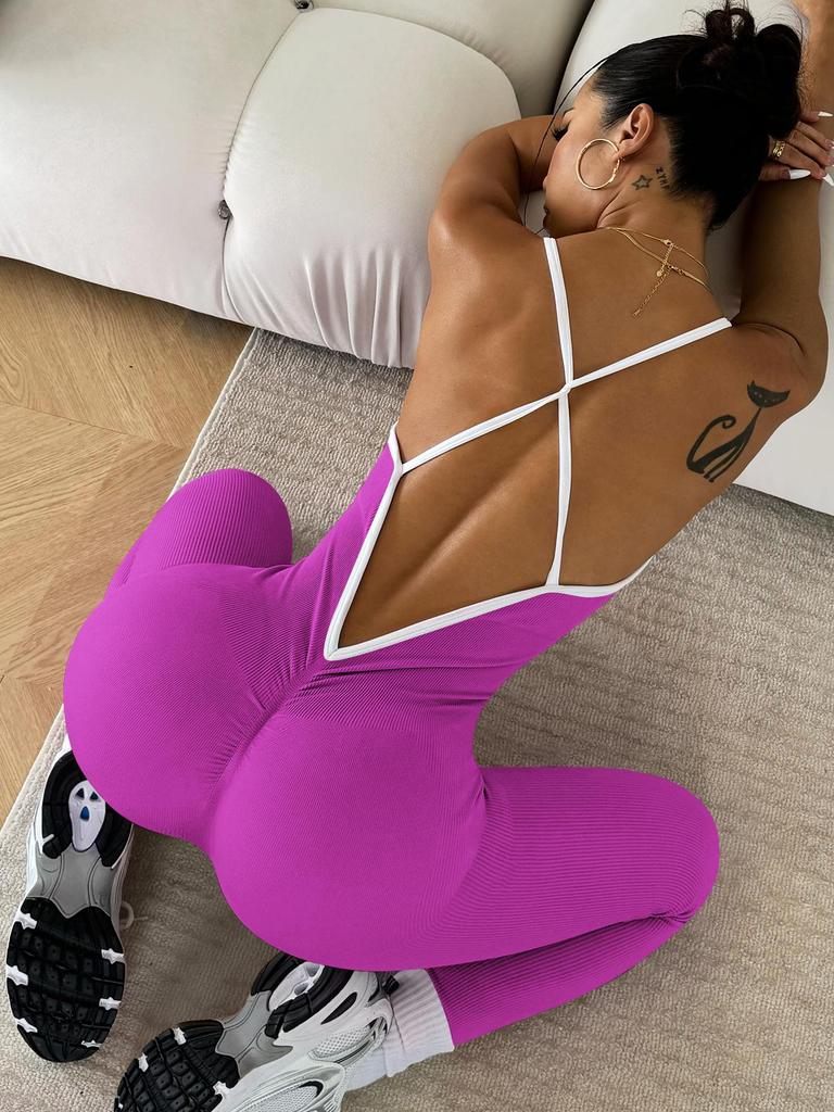 Cross-Border Color Block Strappy Quick-Dry Ribbed Sleeveless Yoga Jumpsuit