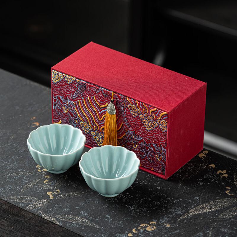 Hongyu Ru Kiln Crackle Glaze High Petal Tea Cup Pair Gift Set